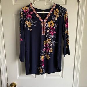 JM Collection Navy Floral Gem Top PM